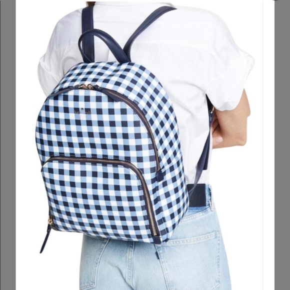 Kate Spade Lane Gingham Hartley Blue White Leather Backpack - Picture 1 of 6